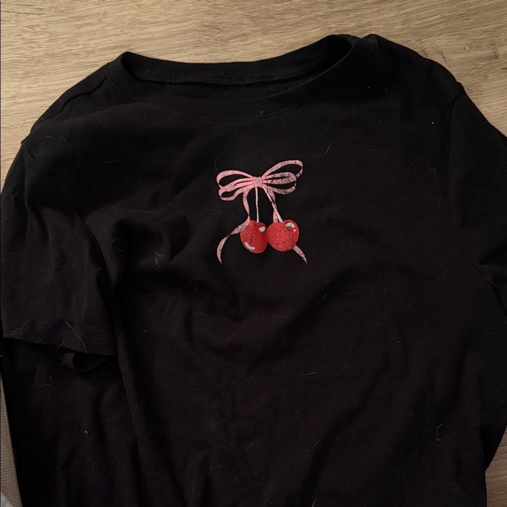 No Boundaries Black Tee with Cherry Embroidery cut off